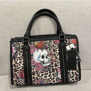 Ed Hardy Leopard Skull Floral Satchel - Black, Pink, Red